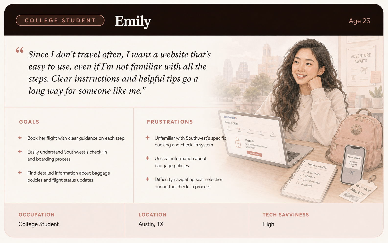 Emily persona card — 23, College Student, Austin