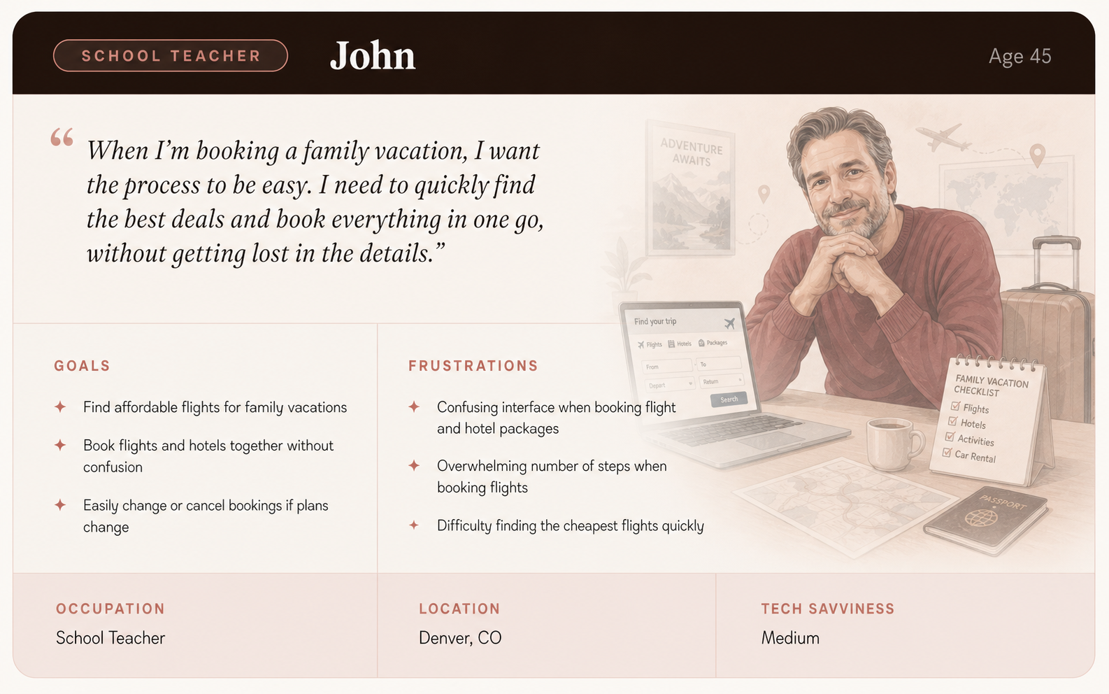 John persona card — 45, School Teacher, Denver