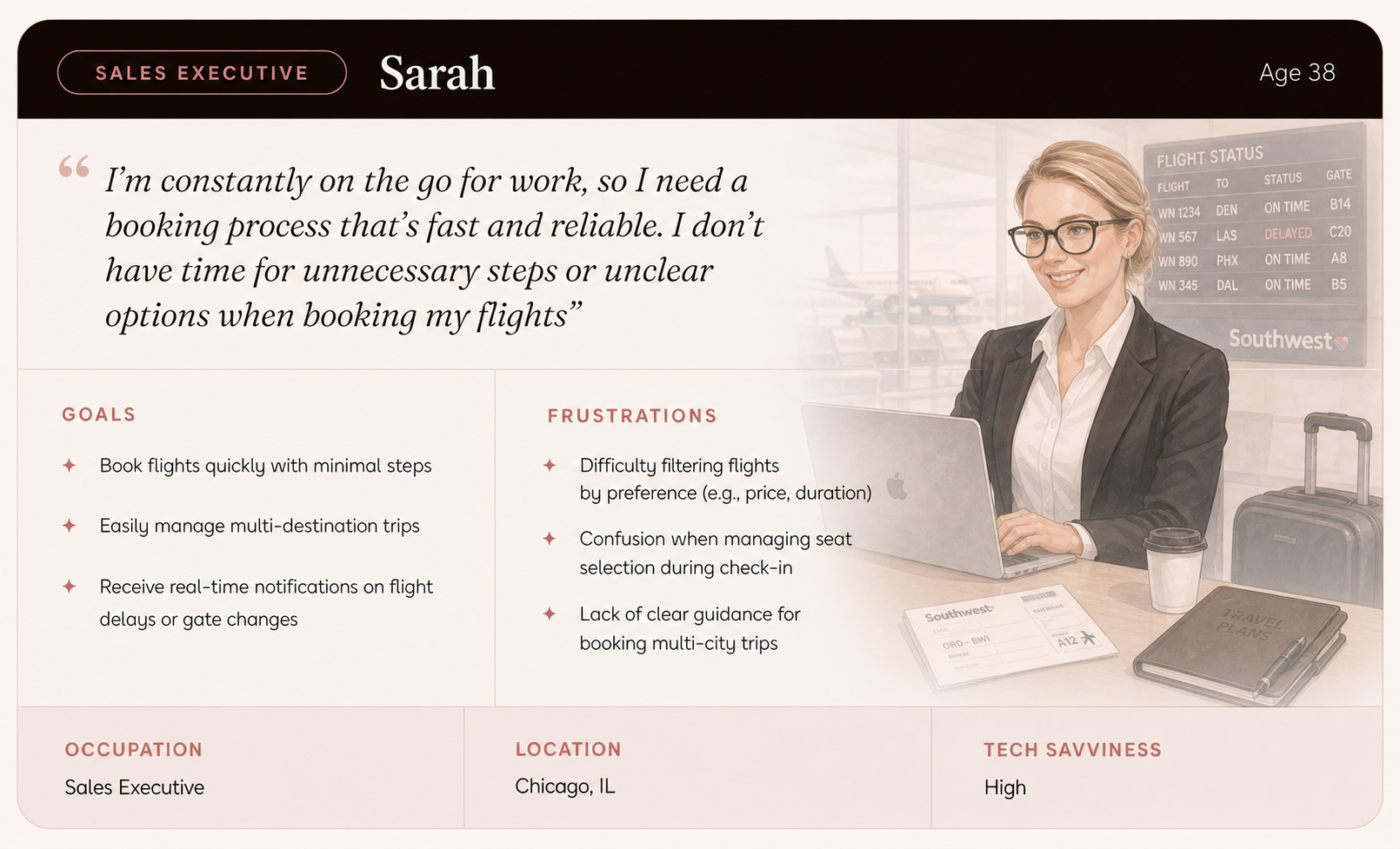 Sarah persona card — 38, Sales Executive, Chicago