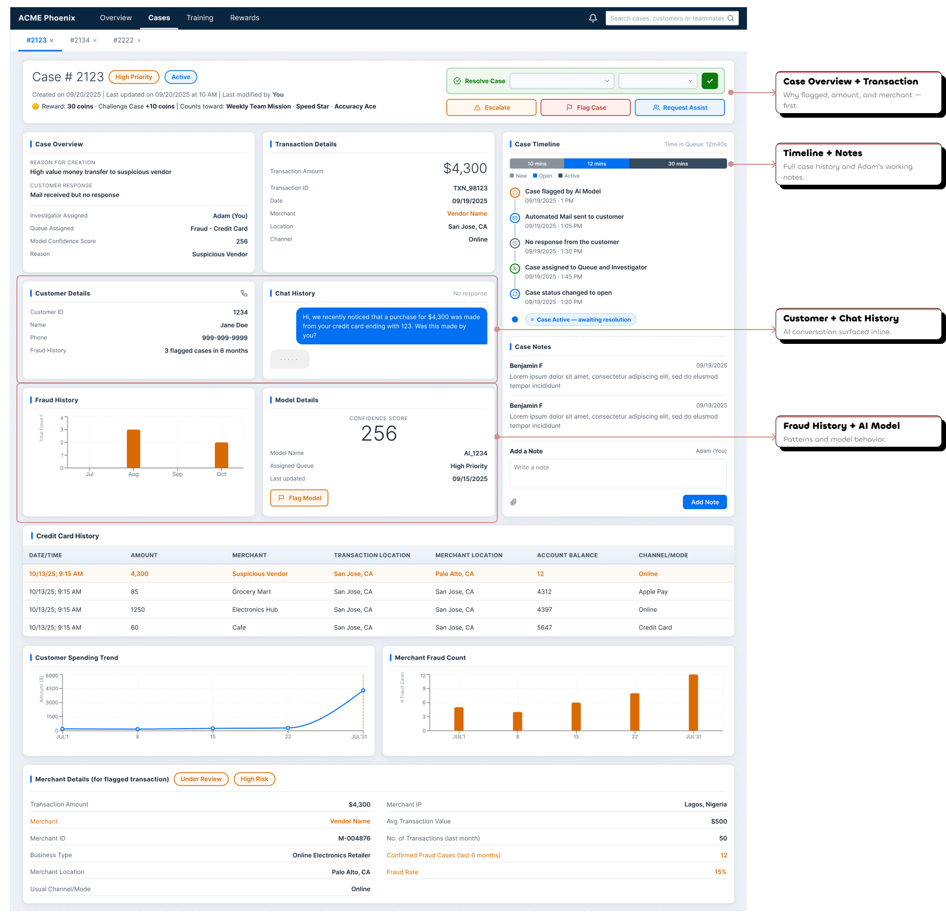 Full Case Details: Case Overview, Timeline, Customer Chat, Fraud History