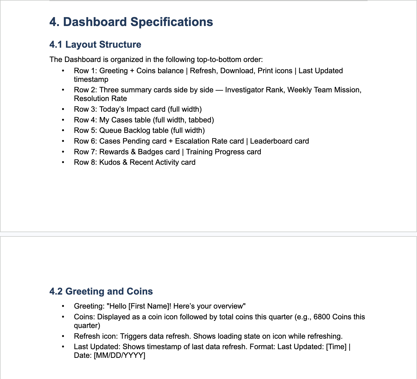 Handoff doc: Dashboard Specifications section