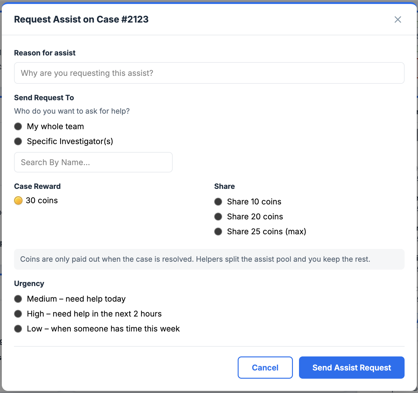Request assist popup
