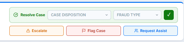 Resolve Case panel: disposition controls and fraud type selector
