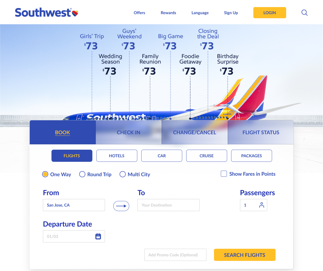 Southwest Airlines booking page