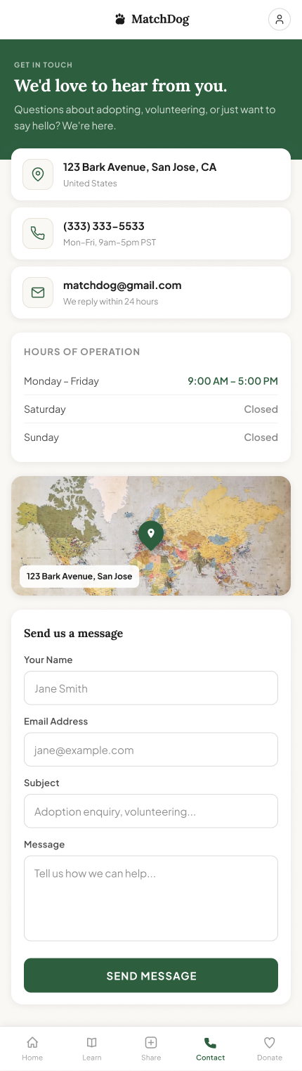 MatchDog contact page screen